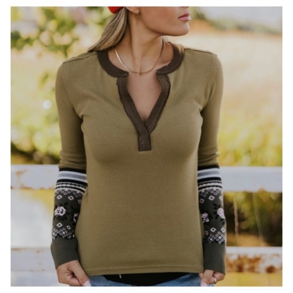 Free People Khaki and Chocolate Long Sleeve Top
